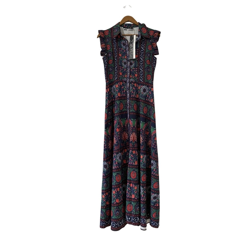 Dalia MacPhee Women Navy Blue Floral Ruffle Sleeve Collared Maxi Dress Small NWT